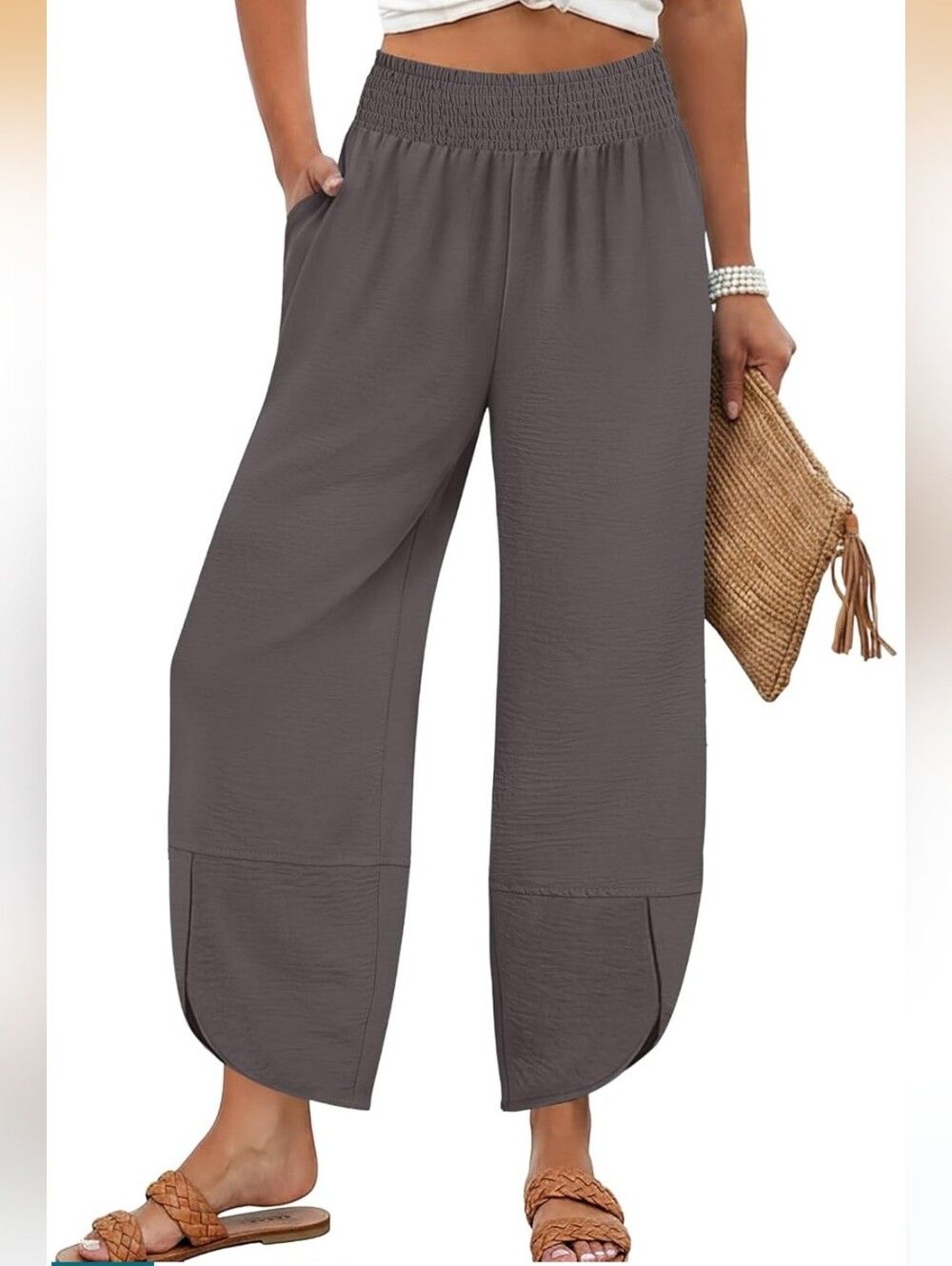 Women’s Smocked Waist Wide-Leg Pants - Grey
